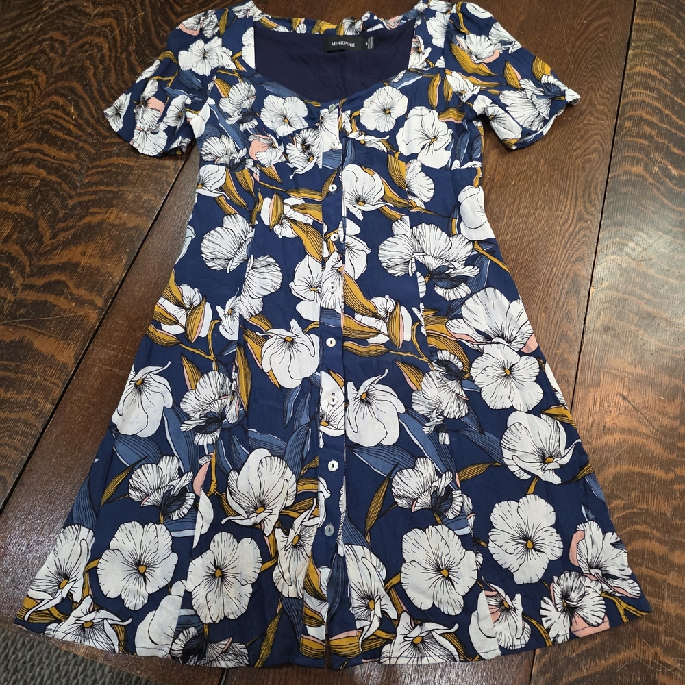 MINKPINK Navy Floral Button-Front Mini Dress